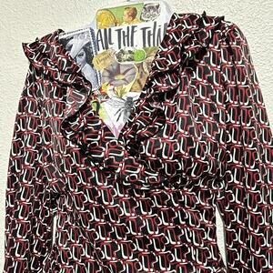 East 5th Y2K 2000s Black Red Ruffled V-Neck Whimsygoth Dressy Blouse Sz Med